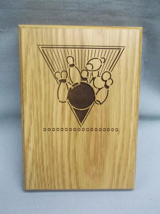 oak finish BOWLING plaque trophy award etched 5 x 7 size